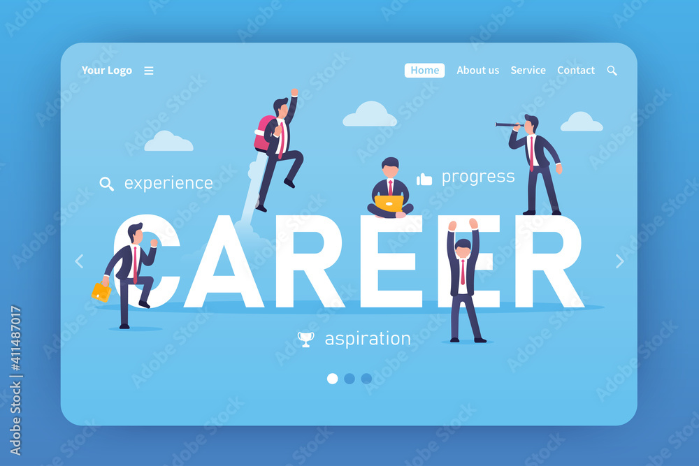 Landing page template. Career vector concept. Progress, aspiration, experience. Businessmen in suits around the inscription. Success, striving upward, goal, search for ideas. Freelance. Business.
