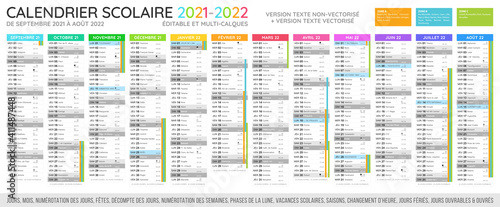 Calendrier scolaire 2021 - 2022. Fichier éditable et multi-calques.