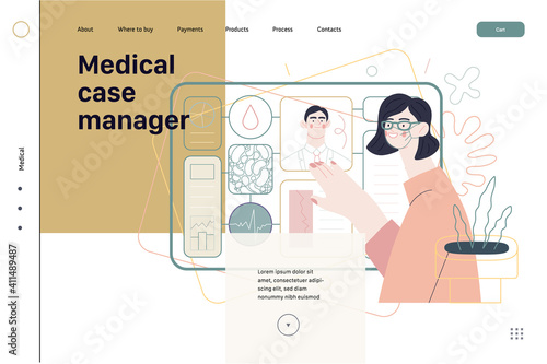 Medical insurance template -medical case manager -modern flat vector concept digital illustration of a manager reordering the medical procedures and diagnosiss, process metaphor, medical insurance