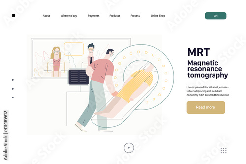 Medical tests illustration - magnetic resonance tomography - modern flat vector concept digital illustration of mri procedure - a patient in the scanner and doctor, medical office or laboratory