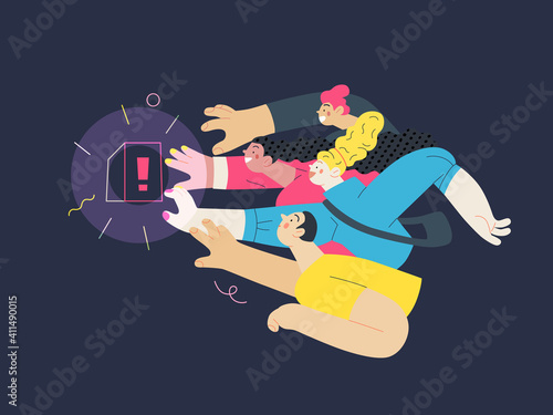 Discounts, sale, promotion - modern flat vector concept illustration of people crowd raising their hands trying to get a limited offer product with an exclamation sign, in the pursuit of sale