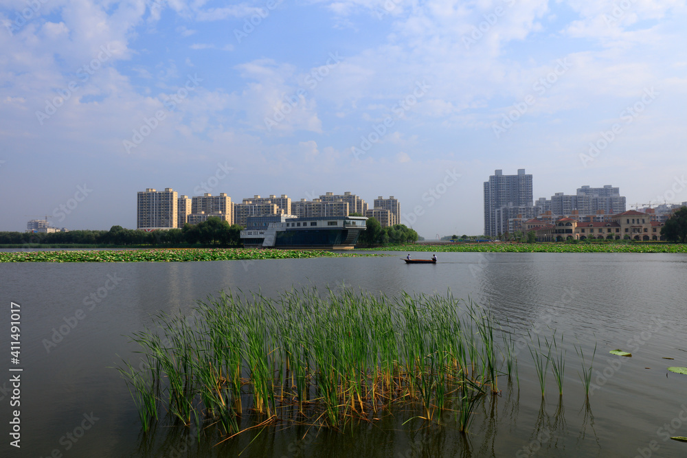 Naklejka premium Waterfront city scenery, North China