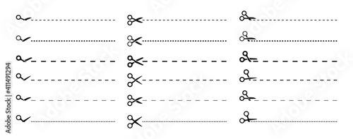 Set of scissors with cut lines. Black scissors cutting. Vector icons.