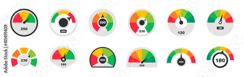 Credit score speedometers. Score indicators. Colored scale speedometers. Vector illustration.