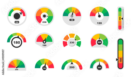 Credit score speedometers. Score indicators. Colored scale speedometers. Vector illustration.