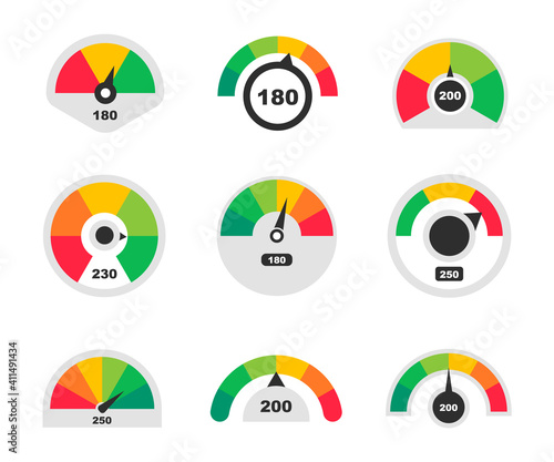 Business credit score indicators. Speedometer icons. Colored scale speedometers. Vector illustration.