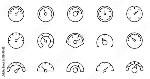 Speedometer icon set. Gauge, dashboard, indicator, scale. Vector thin line icons.