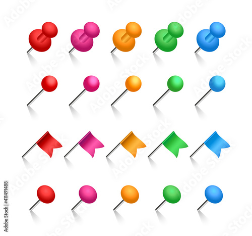 Colored pins set. Push pins, flags and stationery needles. Vector illustration.