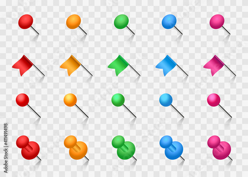 Colored pins set. Push pins, flags and stationery needles. Vector illustration.