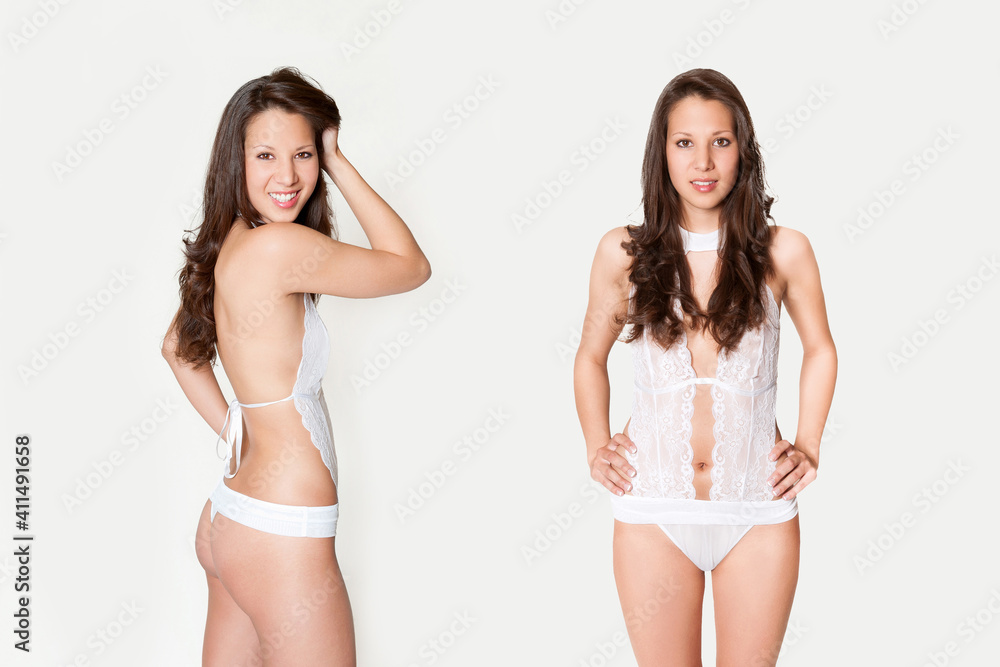 Front and rear view of an attractive brunette woman wearing beautiful white lingerie, studio photos in front of light gray background Front and rear view of an attractive brunette woman wearing beautiful white lingerie, studio photos in front of light gray background