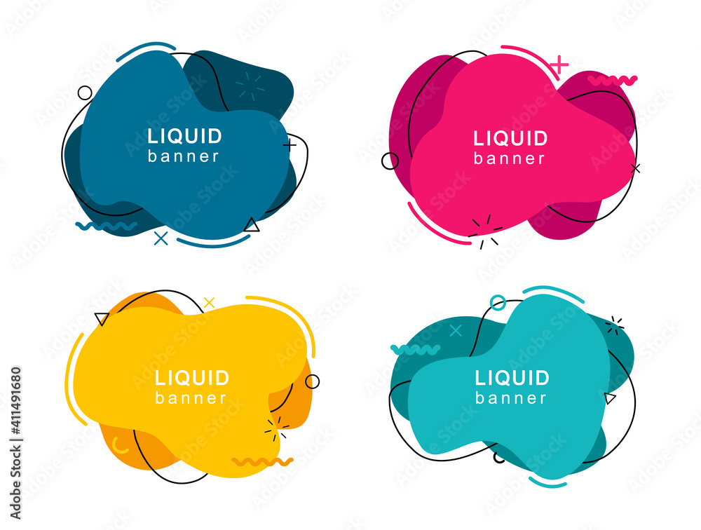 Set of abstract modern liquid shapes. Dynamical colored elements. Abstract fluid banners with geometric shapes in memphis style. Vector illustration.