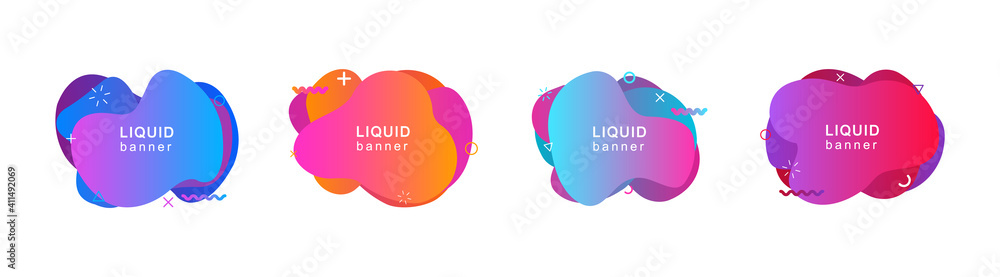 Set of abstract modern liquid shapes. Dynamical gradient elements. Abstract fluid banners with geometric shapes in memphis style. Vector illustration.