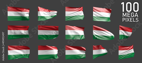 14 different pictures of Hungary flag isolated on grey background - 3D illustration of object