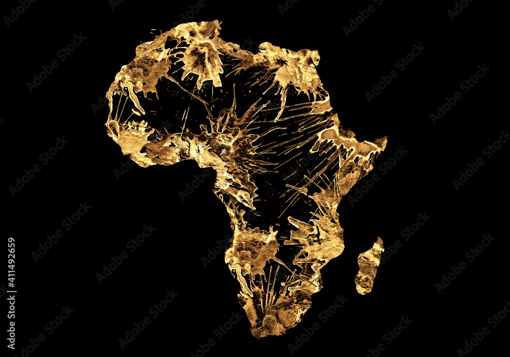 Gold Africa map, gold splatter effects over a dark background, golden