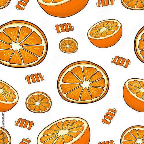 Seamless pattern of orange slices and orange peel on a white background. Hand drawing. Vector illustration of citrus.