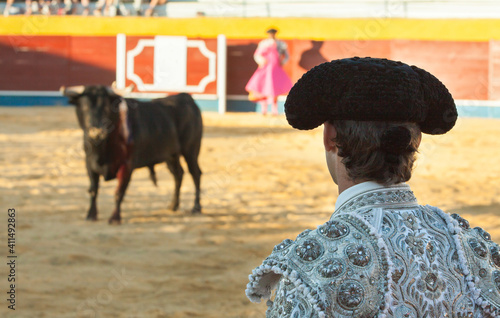 Brave bull looking at the bullfighter