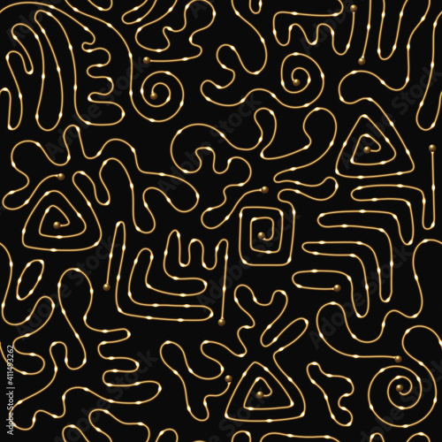 Flowing abstract spiral lines with golden lights on a black background. Seamless pattern. Golden design.