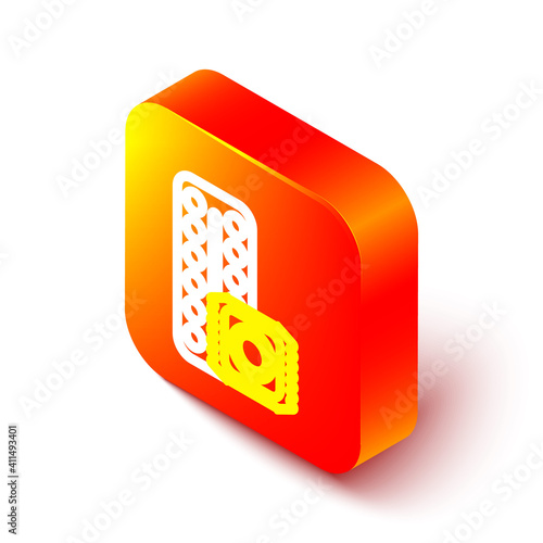 Isometric line Packaging of birth control pills and condom in package safe sex icon isolated on white background. Contraceptive pill. Orange square button. Vector Illustration.