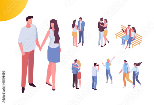 Couple in love spending time together  isometric people vector set isolated on white. Men and women. 