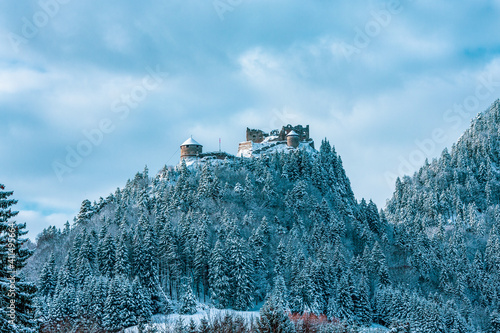 view of the medieval castle ruin Ehrenberg in Austria. Winter landscape.