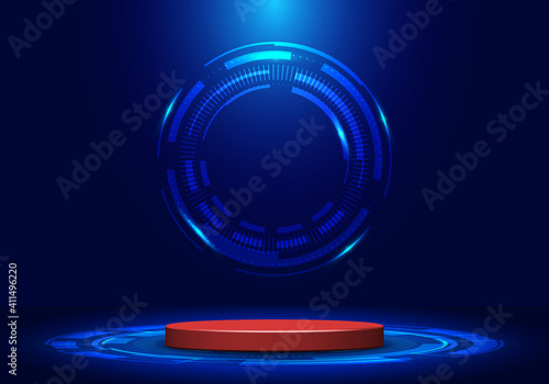 Blank display pedestal stage or red podium for showcase product in futuristic technology demonstration