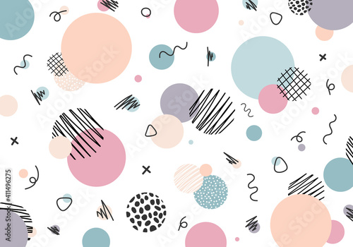 Abstract hand drawn circles with line pattern memphis style pastel color on white background.