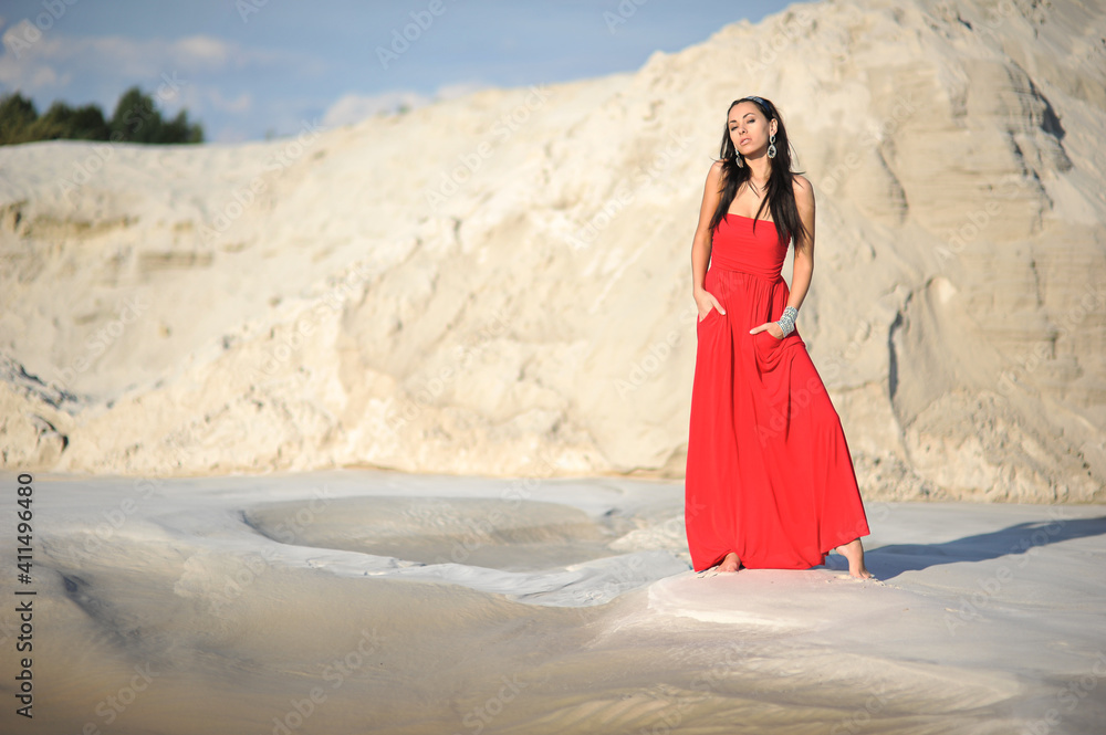 woman summer long red dress outdoor woman summer long red dress outdoor