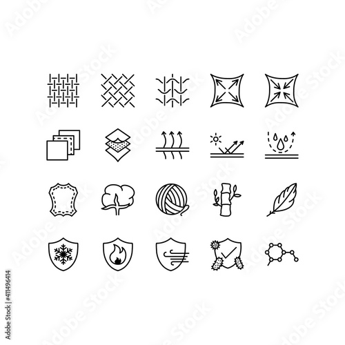 Fabric and Layered material related vector icons. Clothing properties symbols. Contains icons such as cotton, wool, waterproof,windproof and more. Editable stroke