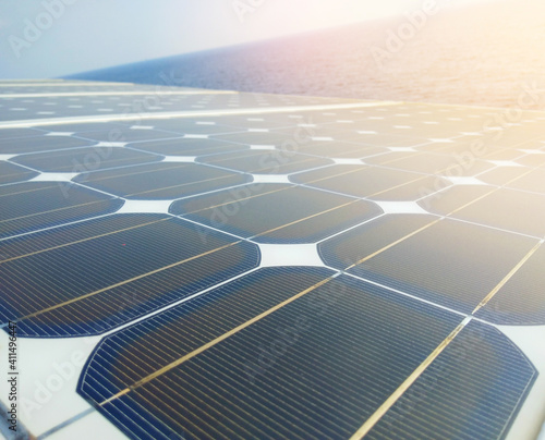 Close-up of Solar energy panel photovoltaics module in the sea offshore