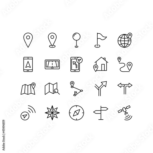 Navigation, cartography and topography icons set. Maps, location, route, GPS navigation, direction, traffic and more. Vector illustration. Editable stroke