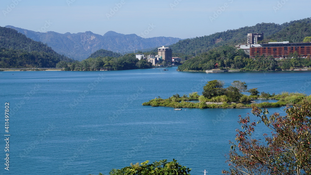 the view from the Xuanguang temple at the Sun Moon Lake, Yuchi Township, Nantou County, Taiwan, January