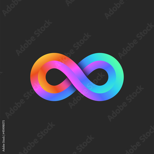 Infinity logo 3d geometric shape, bright gradient endless loop tech symbol.