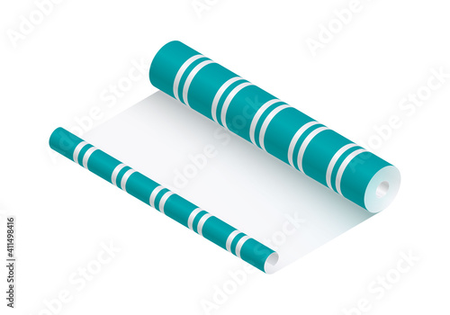 Isometric vector illustration striped wallpaper roll isolated on white background. Realistic colorful roll of wallpaper icon in flat cartoon style. Wallpaper sticking. Renovation and reconstruction.