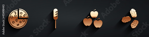Set Pizza, Fried sausage, Apple and Chicken nuggets icon with long shadow. Vector.