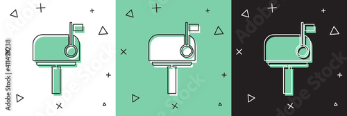 Set Mail box icon isolated on white and green, black background. Mailbox icon. Mail postbox on pole with flag. Vector Illustration.