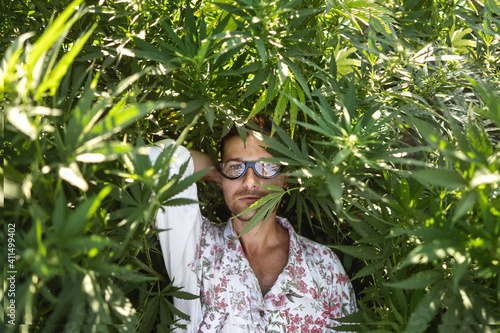 guy posing on the cannabis field, marijuana legalization concept