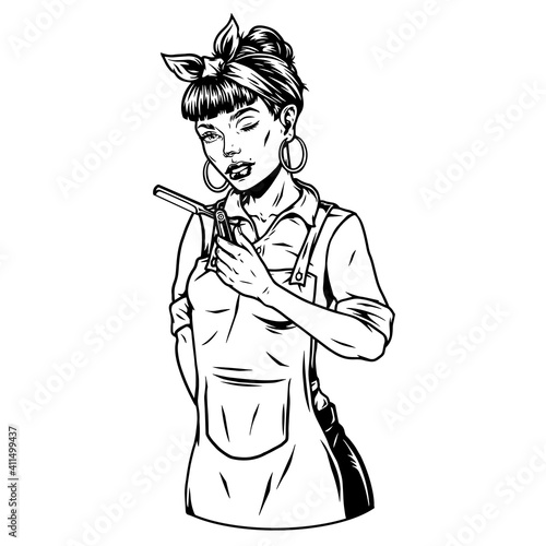 Beautiful winking barber woman