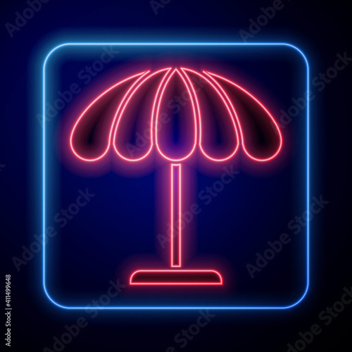 Glowing neon Sun protective umbrella for beach icon isolated on blue background. Large parasol for outdoor space. Beach umbrella. Vector Illustration.