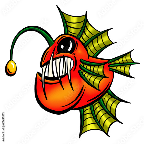 Colour Cartoon Anglerfish Fish Outline Illustration Vector
