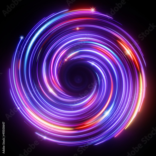 3d render, abstract cosmic background with galaxy and stars. Round vortex. Pink blue neon lines spinning around the black hole photo