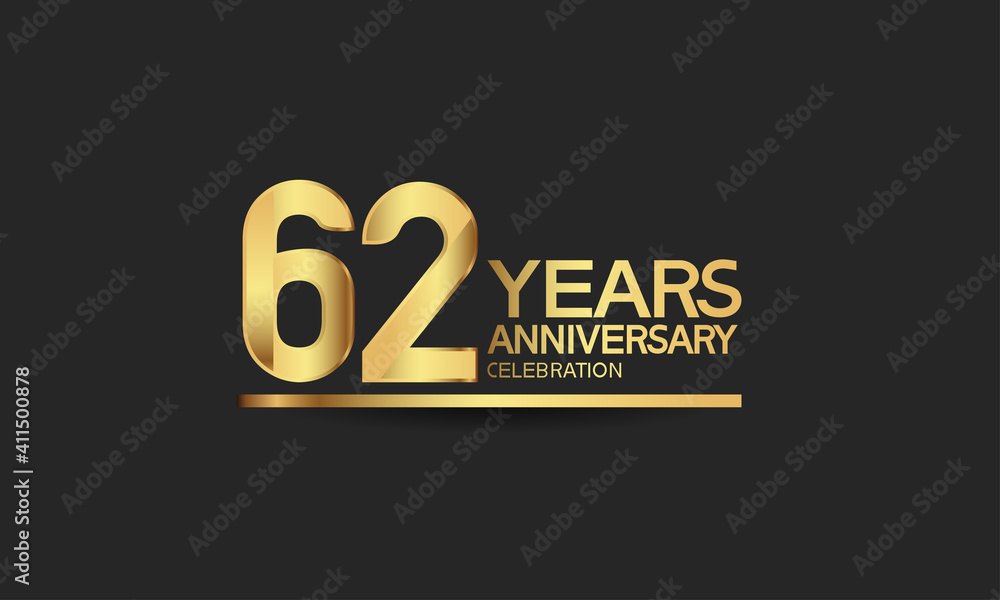 62 years anniversary celebration with elegant golden color isolated on black background can be use for special moment, party and invitation event