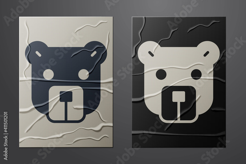 White Bear head icon isolated on crumpled paper background. Paper art style. Vector.