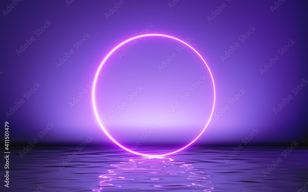 3d render, abstract geometric background, glowing pink ring, neon round frame and reflection in the water. Minimal futuristic blank showcase scene for product presentation - obrazy, fototapety, plakaty 