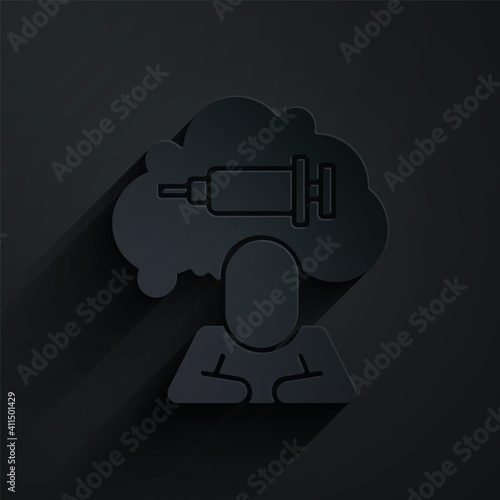 Paper cut Addiction to the drug icon isolated on black background. Heroin, narcotic, addiction, illegal. Sick junkie with a syringe and medical pills. Paper art style. Vector.