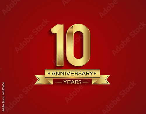 10 years anniversary golden design color with ribbon with red background can be use for template, party and special celebration moment