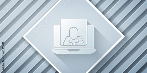 Paper cut Online psychological counseling distance icon isolated on grey background. Psychotherapy, psychological help, psychiatrist online consulting. Paper art style. Vector.