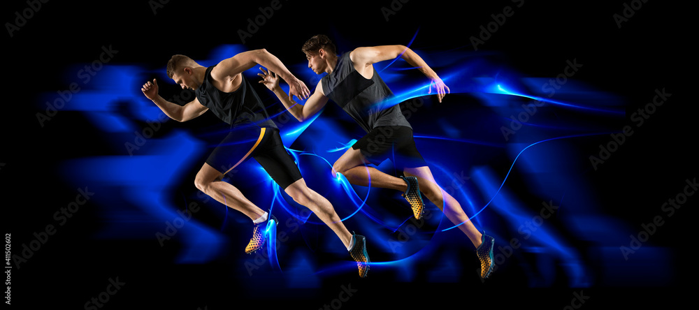 Fototapeta Sporty young men running on dark background. Sports banner
