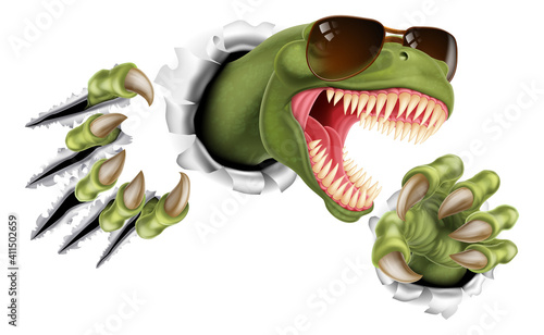 A cool dinosaur wearing shades or sunglasses ripping through the background