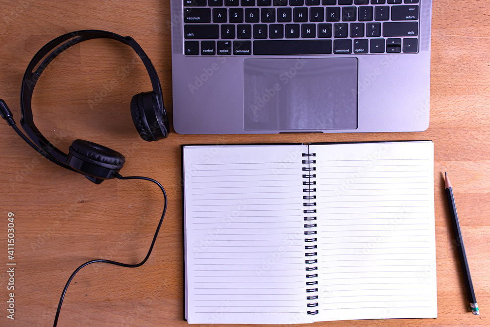 Accessory headphone ,book ,pencil and computer laptop Accessory headphone ,book ,pencil and computer laptop