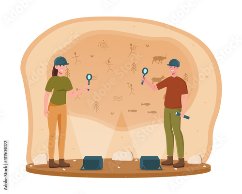 Two young archeological discovering cave paintings. Male and female archeologists examining ancient drawings on cave wall. Concept of archaeological excavations. Flat cartoon vector illustration